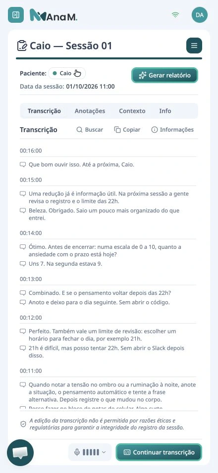 Tela completa de transcrição e anotações na Ana M., com dados fictícios de demonstração.